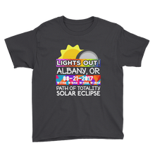 Boys - Albany OR- Solar Eclipse Short Sleeve T-Shirt: "Lights Out!" PATH of TOTALITY 08-21-2017 w Actual Times