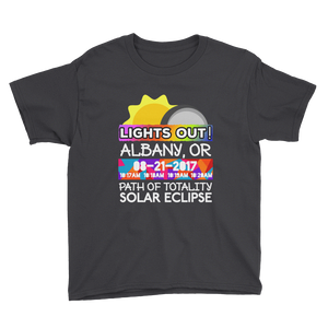 Boys - Albany OR- Solar Eclipse Short Sleeve T-Shirt: "Lights Out!" PATH of TOTALITY 08-21-2017 w Actual Times