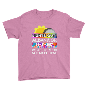 Boys - Albany OR- Solar Eclipse Short Sleeve T-Shirt: "Lights Out!" PATH of TOTALITY 08-21-2017 w Actual Times