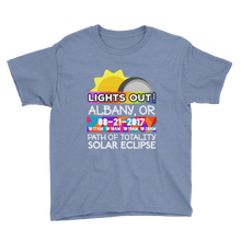 Boys - Albany OR- Solar Eclipse Short Sleeve T-Shirt: "Lights Out!" PATH of TOTALITY 08-21-2017 w Actual Times