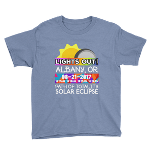 Boys - Albany OR- Solar Eclipse Short Sleeve T-Shirt: "Lights Out!" PATH of TOTALITY 08-21-2017 w Actual Times