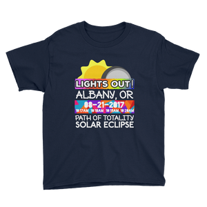 Boys - Albany OR- Solar Eclipse Short Sleeve T-Shirt: "Lights Out!" PATH of TOTALITY 08-21-2017 w Actual Times