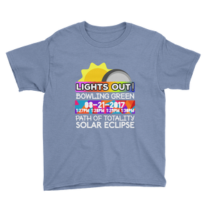 Boys - Bowling Green KY - Solar Eclipse Short Sleeve T-Shirt: "Lights Out!" PATH of TOTALITY 08-21-2017 w Actual Times