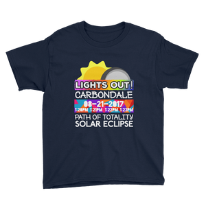 Boys - Carbondale IL - Solar Eclipse Short Sleeve T-Shirt: "Lights Out!" PATH of TOTALITY 08-21-2017 w Actual Times