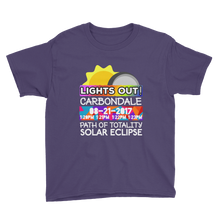 Boys - Carbondale IL - Solar Eclipse Short Sleeve T-Shirt: "Lights Out!" PATH of TOTALITY 08-21-2017 w Actual Times