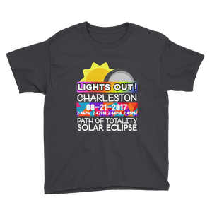 Boys - Charleston SC - Solar Eclipse Short Sleeve T-Shirt: "Lights Out!" PATH of TOTALITY 08-21-2017 w Actual Times