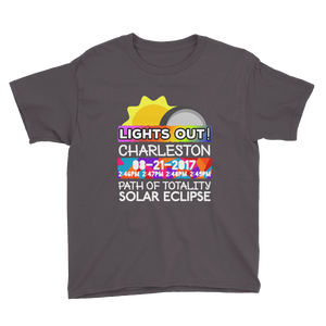 Boys - Charleston SC - Solar Eclipse Short Sleeve T-Shirt: "Lights Out!" PATH of TOTALITY 08-21-2017 w Actual Times