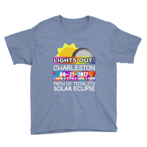 Boys - Charleston SC - Solar Eclipse Short Sleeve T-Shirt: "Lights Out!" PATH of TOTALITY 08-21-2017 w Actual Times