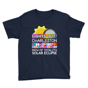 Boys - Charleston SC - Solar Eclipse Short Sleeve T-Shirt: "Lights Out!" PATH of TOTALITY 08-21-2017 w Actual Times