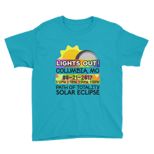 Boys - Columbia MO - Solar Eclipse Short Sleeve T-Shirt: "Lights Out!" PATH of TOTALITY 08-21-2017 w Actual Times