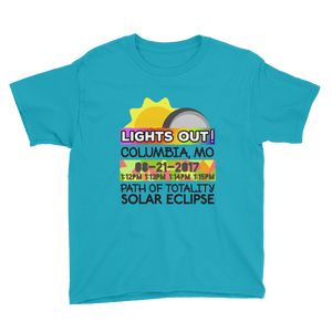 Boys - Columbia MO - Solar Eclipse Short Sleeve T-Shirt: "Lights Out!" PATH of TOTALITY 08-21-2017 w Actual Times