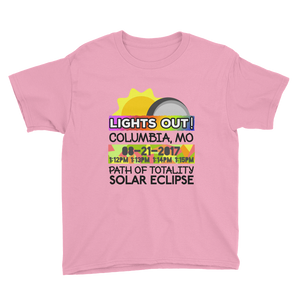 Boys - Columbia MO - Solar Eclipse Short Sleeve T-Shirt: "Lights Out!" PATH of TOTALITY 08-21-2017 w Actual Times
