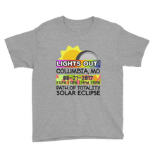 Boys - Columbia MO - Solar Eclipse Short Sleeve T-Shirt: "Lights Out!" PATH of TOTALITY 08-21-2017 w Actual Times