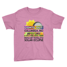 Boys - Columbia MO - Solar Eclipse Short Sleeve T-Shirt: "Lights Out!" PATH of TOTALITY 08-21-2017 w Actual Times