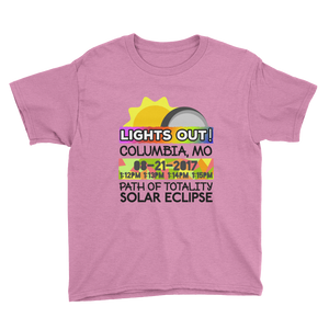 Boys - Columbia MO - Solar Eclipse Short Sleeve T-Shirt: "Lights Out!" PATH of TOTALITY 08-21-2017 w Actual Times