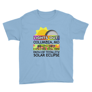 Boys - Columbia MO - Solar Eclipse Short Sleeve T-Shirt: "Lights Out!" PATH of TOTALITY 08-21-2017 w Actual Times