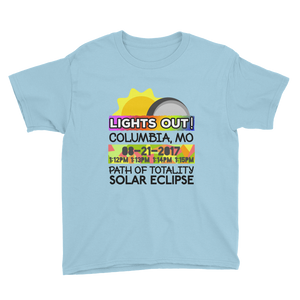 Boys - Columbia MO - Solar Eclipse Short Sleeve T-Shirt: "Lights Out!" PATH of TOTALITY 08-21-2017 w Actual Times
