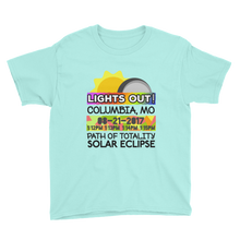 Boys - Columbia MO - Solar Eclipse Short Sleeve T-Shirt: "Lights Out!" PATH of TOTALITY 08-21-2017 w Actual Times