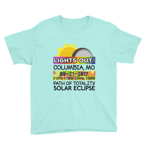 Boys - Columbia MO - Solar Eclipse Short Sleeve T-Shirt: "Lights Out!" PATH of TOTALITY 08-21-2017 w Actual Times