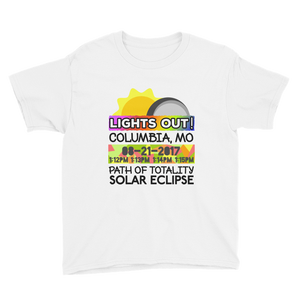 Boys - Columbia MO - Solar Eclipse Short Sleeve T-Shirt: "Lights Out!" PATH of TOTALITY 08-21-2017 w Actual Times