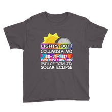Boys - Columbia MO - Solar Eclipse Short Sleeve T-Shirt: "Lights Out!" PATH of TOTALITY 08-21-2017 w Actual Times