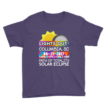 Boys - Columbia SC - Solar Eclipse Short Sleeve T-Shirt: "Lights Out!" PATH of TOTALITY 08-21-2017 w Actual Times