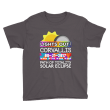 Boys - Corvallis OR - Solar Eclipse Short Sleeve T-Shirt: "Lights Out!" PATH of TOTALITY 08-21-2017 w Actual Times