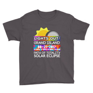 Boys - Grand Island NE - Solar Eclipse Short Sleeve T-Shirt: "Lights Out!" PATH of TOTALITY 08-21-2017 w Actual Times