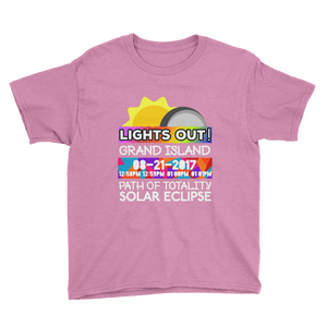 Boys - Grand Island NE - Solar Eclipse Short Sleeve T-Shirt: "Lights Out!" PATH of TOTALITY 08-21-2017 w Actual Times