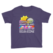 Boys - Grand Island NE - Solar Eclipse Short Sleeve T-Shirt: "Lights Out!" PATH of TOTALITY 08-21-2017 w Actual Times