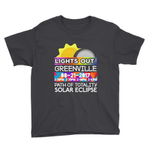Boys - Greenville SC - Solar Eclipse Short Sleeve T-Shirt: "Lights Out!" PATH of TOTALITY 08-21-2017 w Actual Times