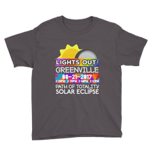 Boys - Greenville SC - Solar Eclipse Short Sleeve T-Shirt: "Lights Out!" PATH of TOTALITY 08-21-2017 w Actual Times