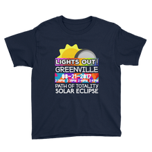 Boys - Greenville SC - Solar Eclipse Short Sleeve T-Shirt: "Lights Out!" PATH of TOTALITY 08-21-2017 w Actual Times