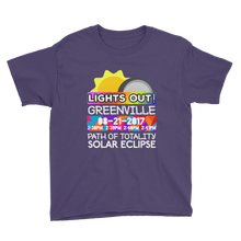 Boys - Greenville SC - Solar Eclipse Short Sleeve T-Shirt: "Lights Out!" PATH of TOTALITY 08-21-2017 w Actual Times