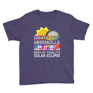 Boys - Greenville SC - Solar Eclipse Short Sleeve T-Shirt: "Lights Out!" PATH of TOTALITY 08-21-2017 w Actual Times