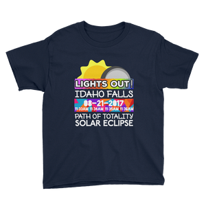 Boys - Idaho Falls ID - Solar Eclipse Short Sleeve T-Shirt: "Lights Out!" PATH of TOTALITY 08-21-2017 w Actual Times