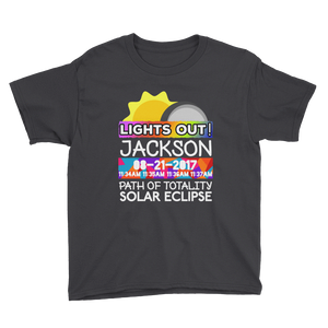 Boys - Jackson WY - Solar Eclipse Short Sleeve T-Shirt: "Lights Out!" PATH of TOTALITY 08-21-2017 w Actual Times