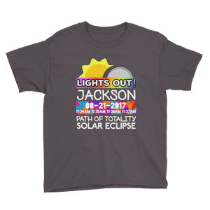 Boys - Jackson WY - Solar Eclipse Short Sleeve T-Shirt: "Lights Out!" PATH of TOTALITY 08-21-2017 w Actual Times