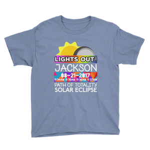 Boys - Jackson WY - Solar Eclipse Short Sleeve T-Shirt: "Lights Out!" PATH of TOTALITY 08-21-2017 w Actual Times