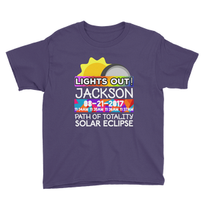 Boys - Jackson WY - Solar Eclipse Short Sleeve T-Shirt: "Lights Out!" PATH of TOTALITY 08-21-2017 w Actual Times
