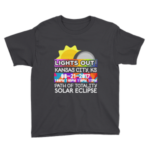 Boys - Kansas City KS - Solar Eclipse Short Sleeve T-Shirt: "Lights Out!" PATH of TOTALITY 08-21-2017 w Actual Times