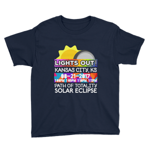 Boys - Kansas City KS - Solar Eclipse Short Sleeve T-Shirt: "Lights Out!" PATH of TOTALITY 08-21-2017 w Actual Times
