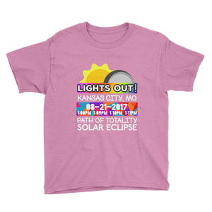 Boys - Kansas City MO - Solar Eclipse Short Sleeve T-Shirt: "Lights Out!" PATH of TOTALITY 08-21-2017 w Actual Times