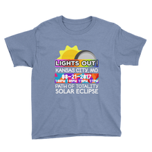 Boys - Kansas City MO - Solar Eclipse Short Sleeve T-Shirt: "Lights Out!" PATH of TOTALITY 08-21-2017 w Actual Times