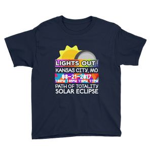 Boys - Kansas City MO - Solar Eclipse Short Sleeve T-Shirt: "Lights Out!" PATH of TOTALITY 08-21-2017 w Actual Times