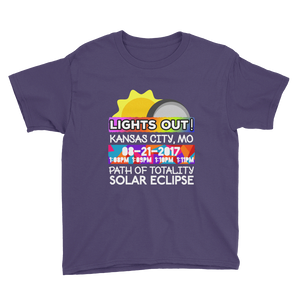Boys - Kansas City MO - Solar Eclipse Short Sleeve T-Shirt: "Lights Out!" PATH of TOTALITY 08-21-2017 w Actual Times
