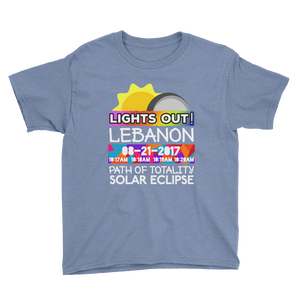 Boys - Lebanon OR - Solar Eclipse Short Sleeve T-Shirt: "Lights Out!" PATH of TOTALITY 08-21-2017 w Actual Times