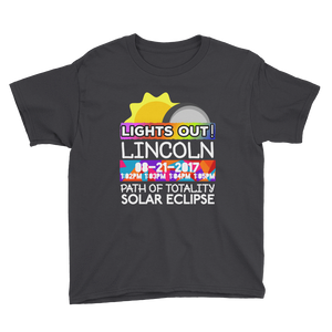 Boys - Lincoln NE - Solar Eclipse Short Sleeve T-Shirt: "Lights Out!" PATH of TOTALITY 08-21-2017 w Actual Times