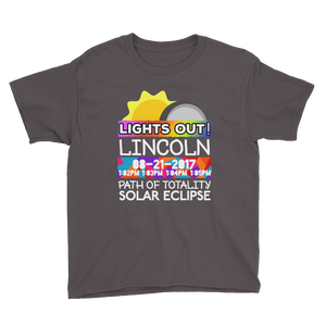 Boys - Lincoln NE - Solar Eclipse Short Sleeve T-Shirt: "Lights Out!" PATH of TOTALITY 08-21-2017 w Actual Times