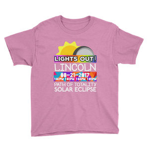 Boys - Lincoln NE - Solar Eclipse Short Sleeve T-Shirt: "Lights Out!" PATH of TOTALITY 08-21-2017 w Actual Times